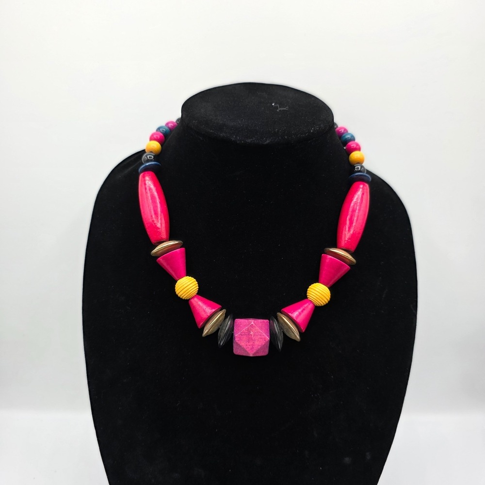 Womens Pink Yellow Chunky Wood Beaded Necklace Bohemian Funky 17"